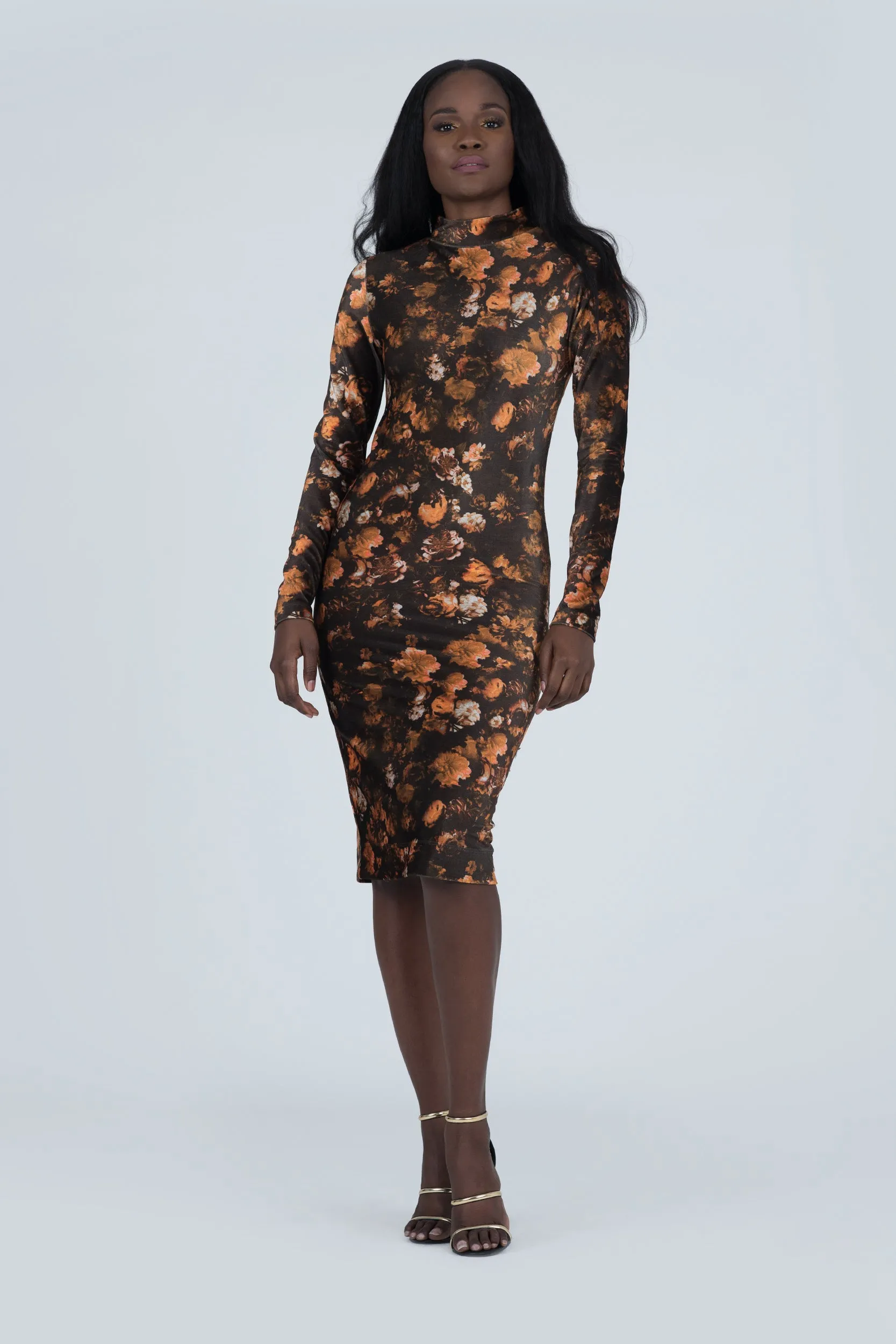 Lava Print Mock Neck Stretch Velvet Bodycon Dress