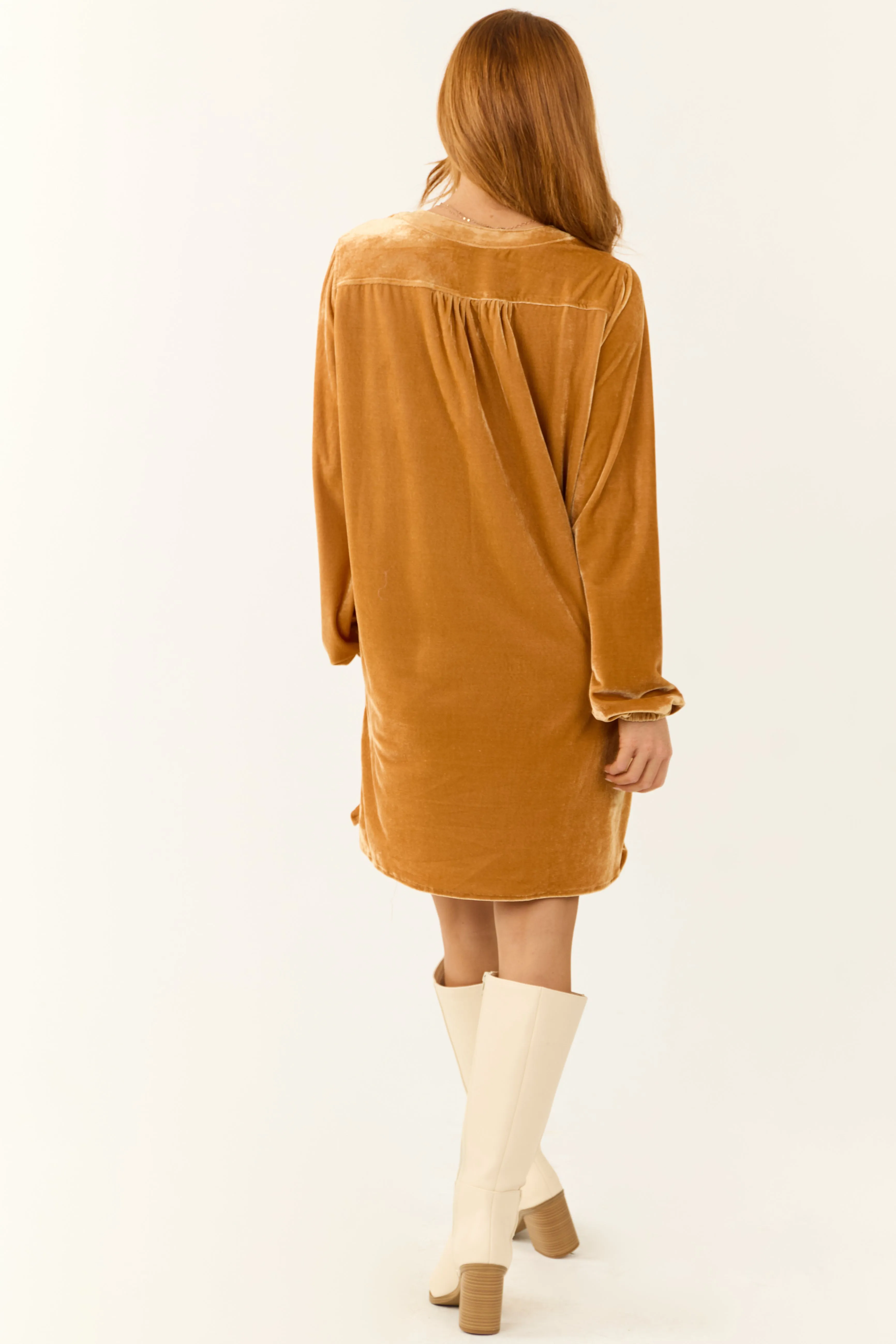 Light Caramel Notch Neck Shift Fit Velvet Dress