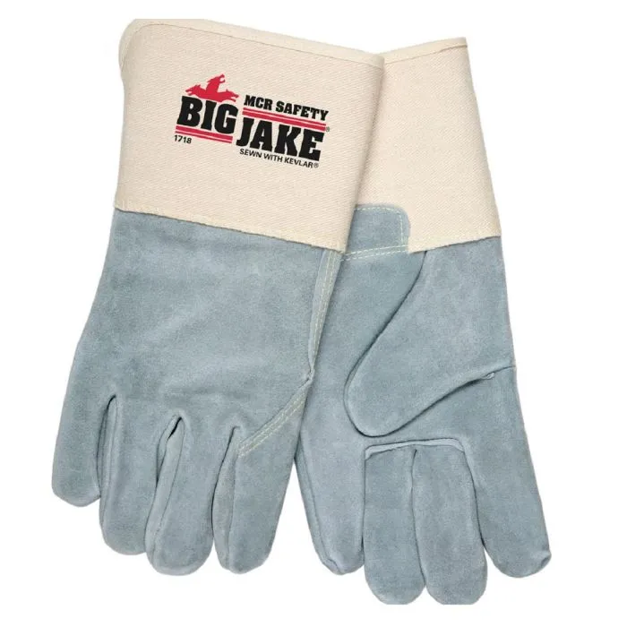 MCR Safety MCR Big Jake 1718-XL Premium A  Side Leather Work Gloves, 4.5 Inch Gauntlet Cuff and Full Leather Back, Sewn with DuPont Kevlar, Gray, X-Large, Box of 12 Pairs