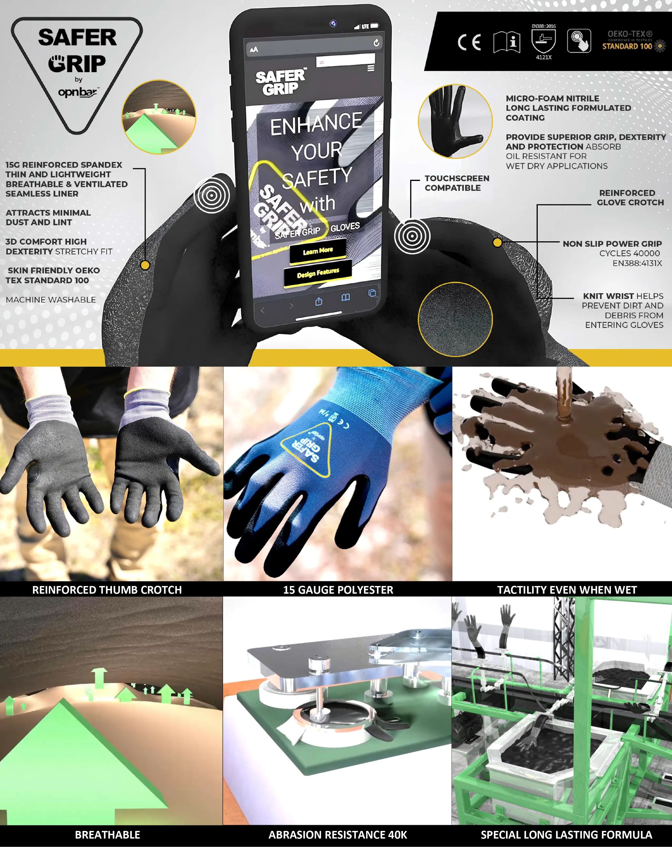 Mechanic Gloves - Nitrile Coated Gloves with Touchscreen - Safer Grip by OPNBAR™ (2-Pack)