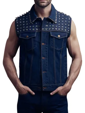 Men's Denim Studded Sleeveless Vest