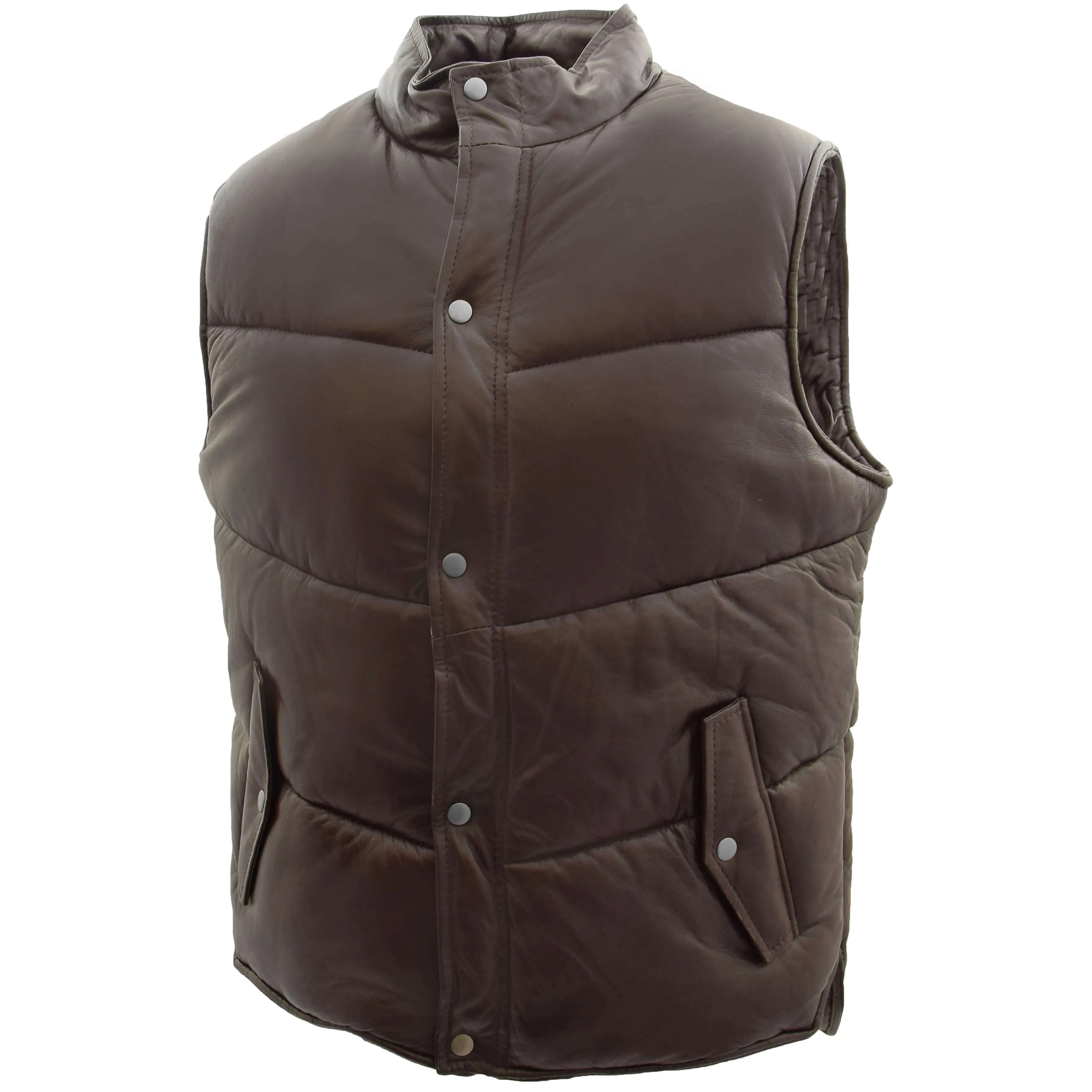 Mens Leather Puffer Waistcoat Body Warmer Leon Brown