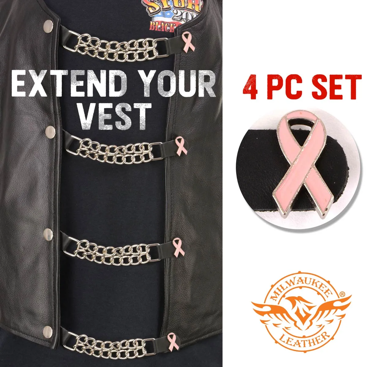 Milwaukee Leather Pink Ribbon Medallion Vest Extender - Double Chrome Chains Genuine Leather 6.5" Extension 4-PCS MLA6021SET