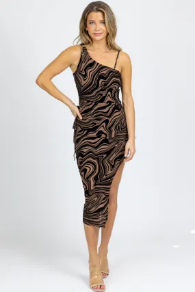 MOCHA ABSTRACT ASYMMETRIC CUTOUT MIDI DRESS