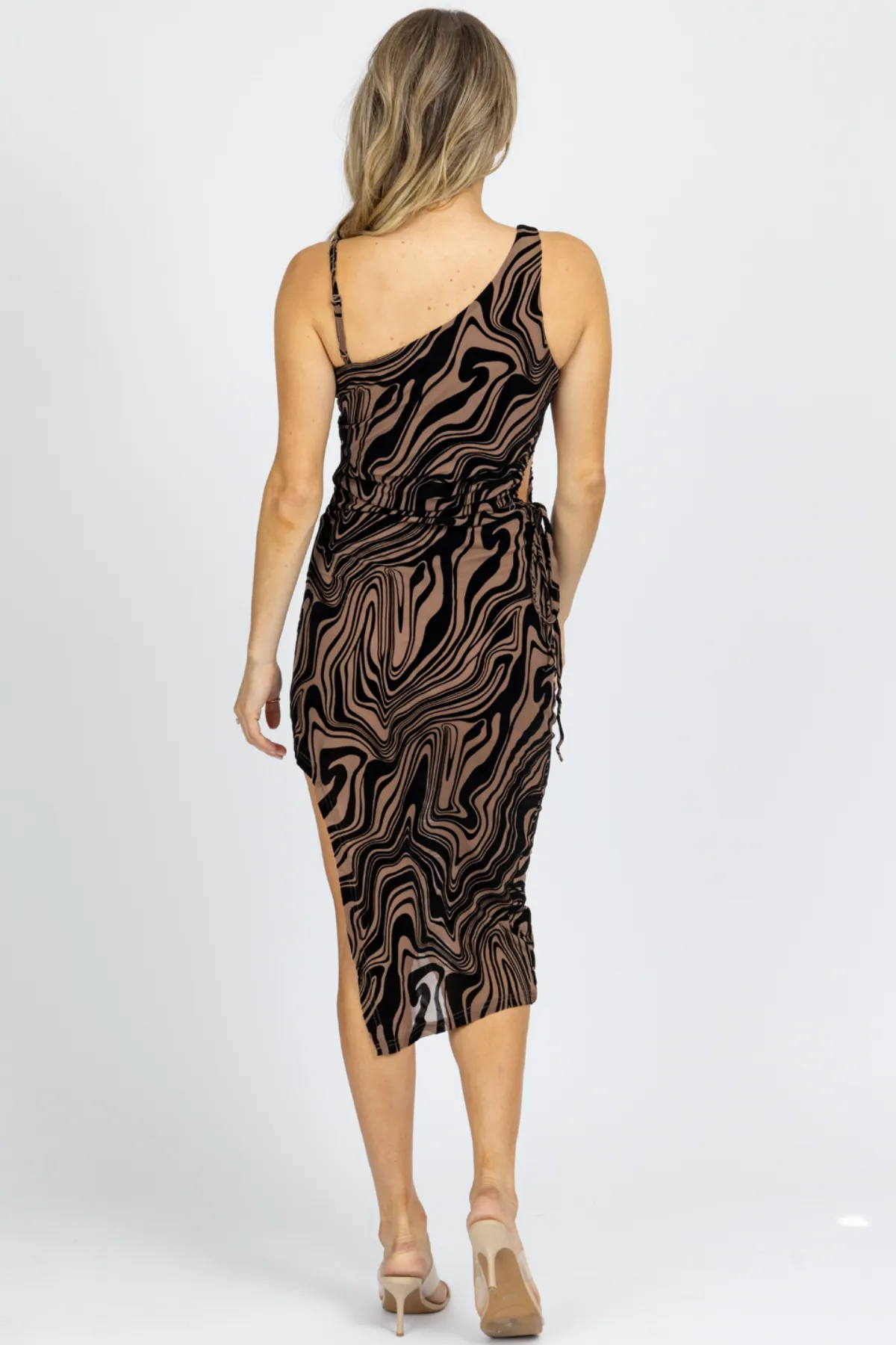 MOCHA ABSTRACT ASYMMETRIC CUTOUT MIDI DRESS