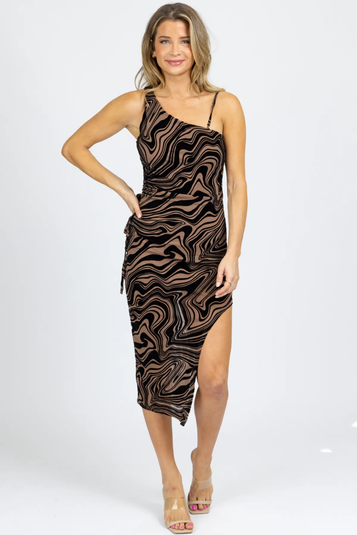 MOCHA ABSTRACT ASYMMETRIC CUTOUT MIDI DRESS