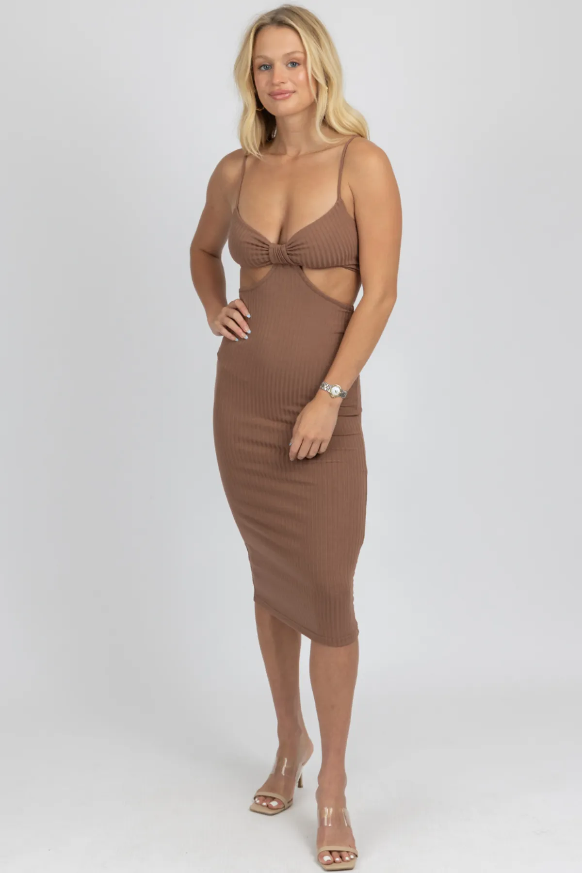 MOCHA CUTOUT RIBBED MIDI DRESS