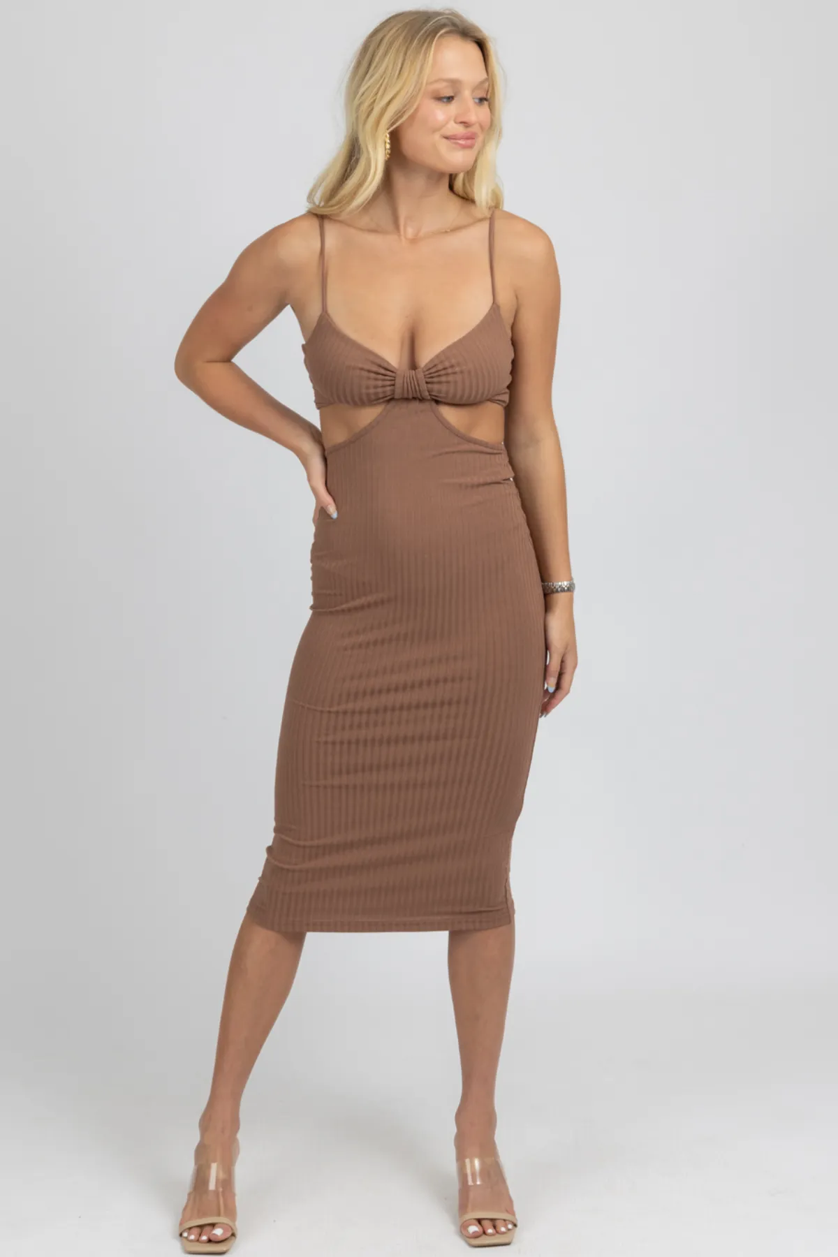 MOCHA CUTOUT RIBBED MIDI DRESS