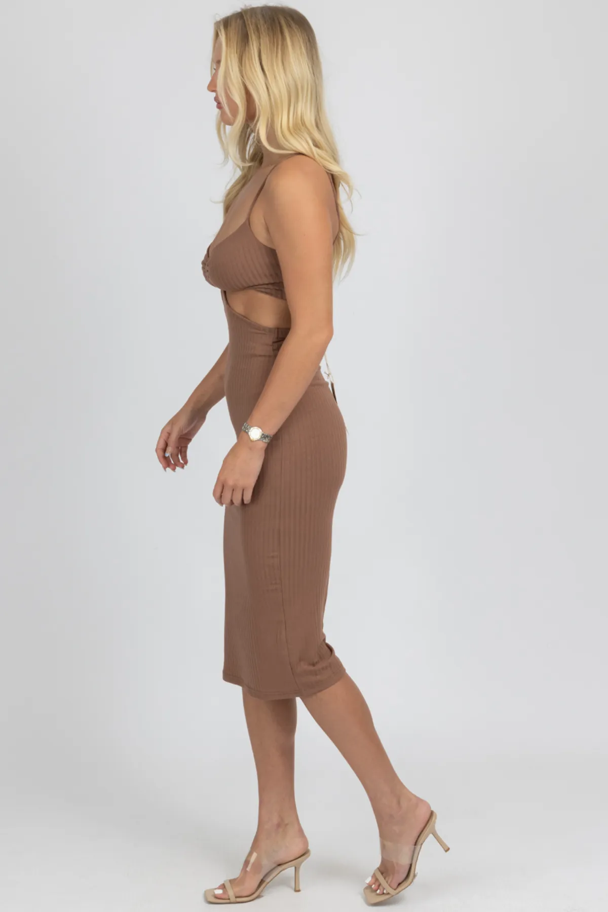 MOCHA CUTOUT RIBBED MIDI DRESS