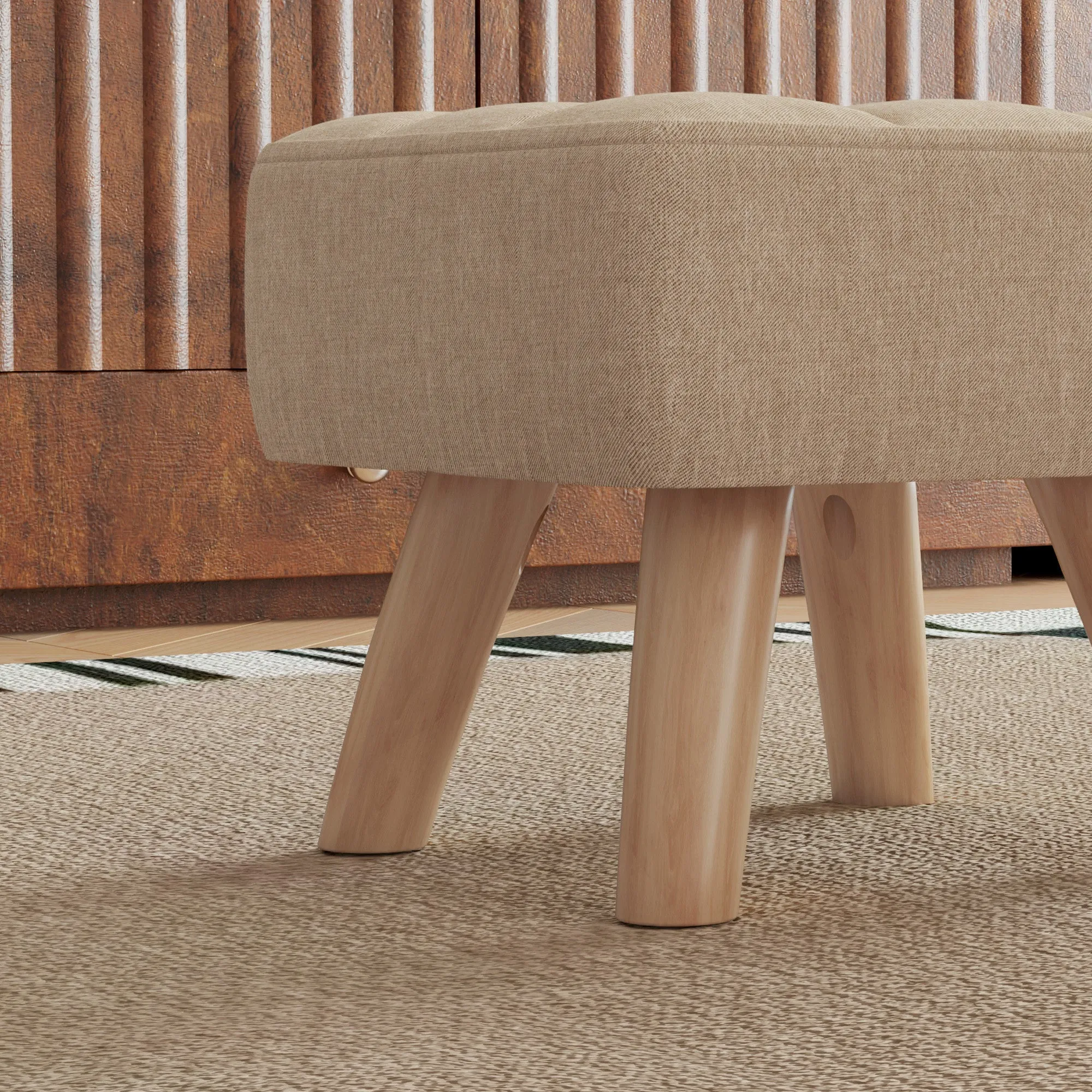 Modern Tufted Footstool, Fabric Foot Stool with Rubber Wood Legs, Padded Seat, for Living Room, Bedroom, Entryway, Light Brown