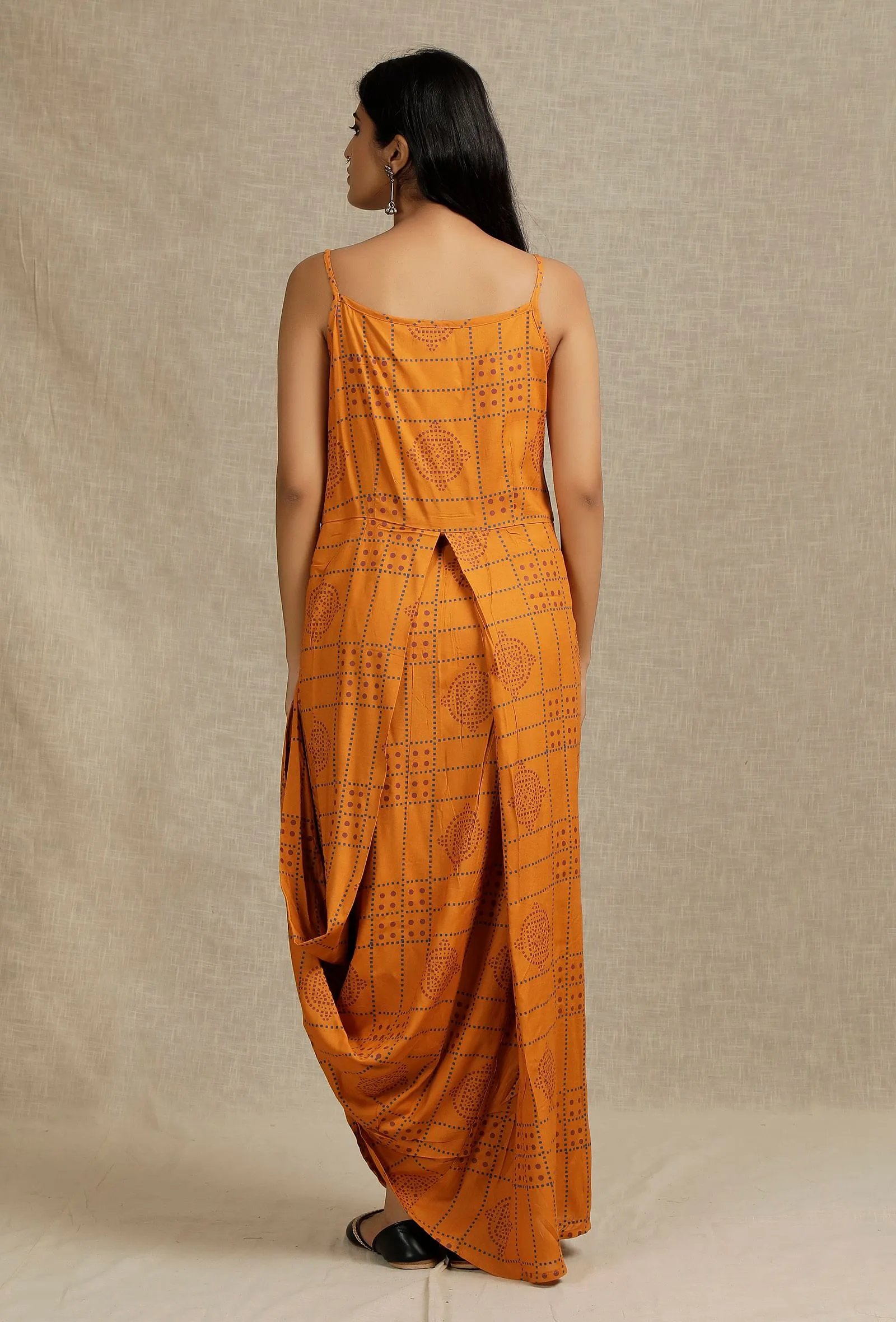 Mustard Hand Block Printed draped styled long Dress