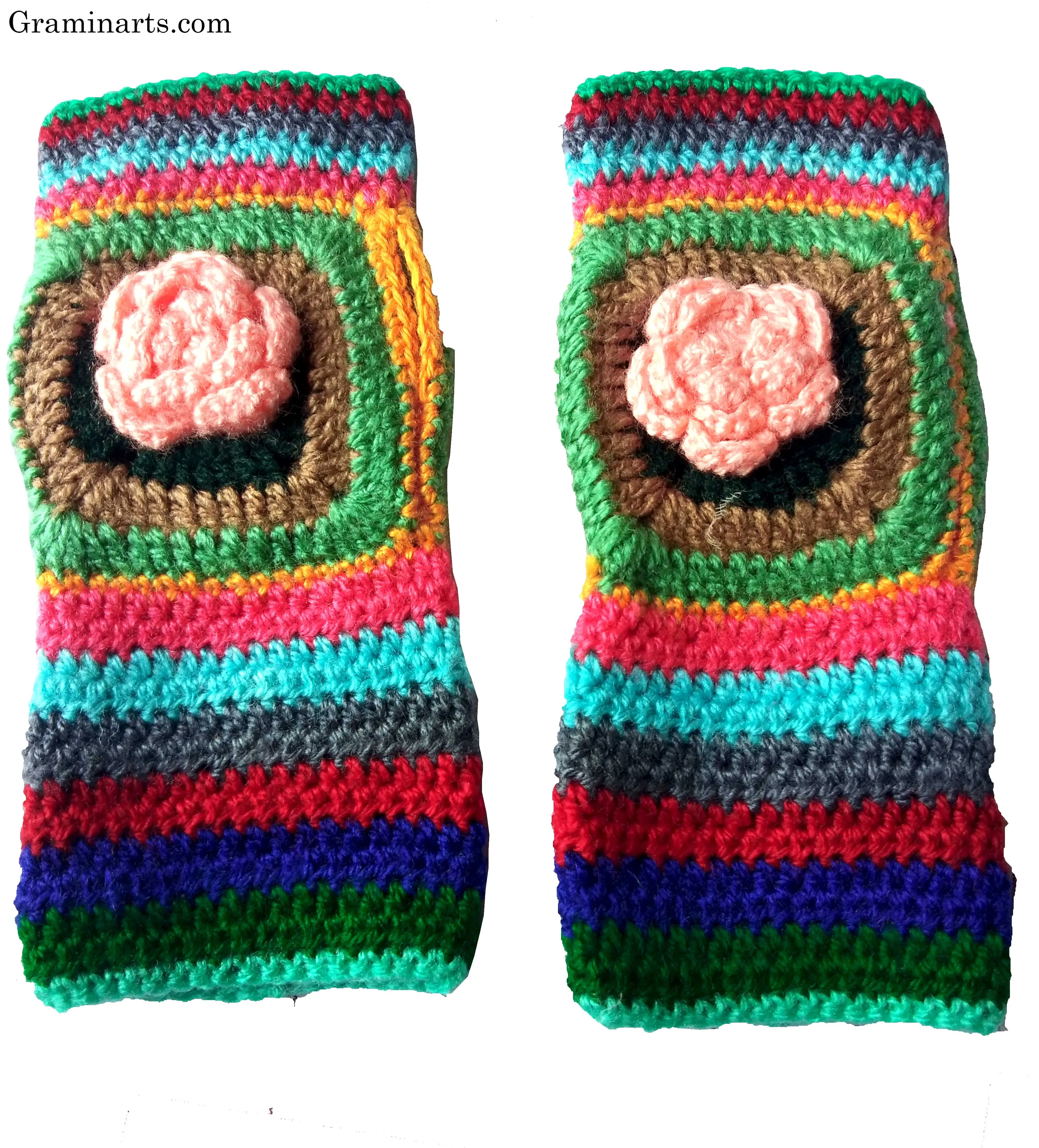 New Multicolour Floral Design Woollen Handmade Fingerless Gloves