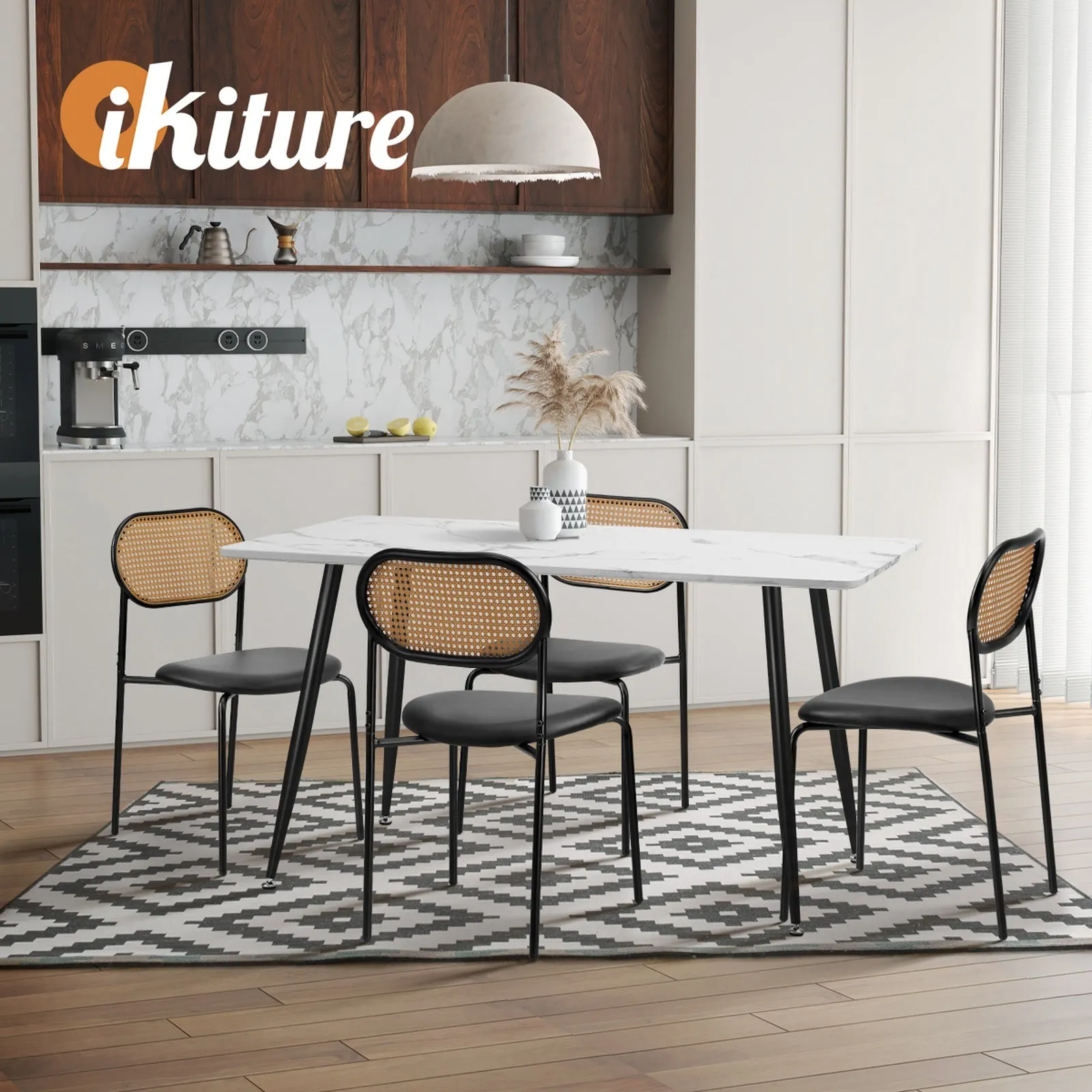 Oikiture 2PCS Dining Chair Accent Chairs Rattan Furniture PU Leather Black