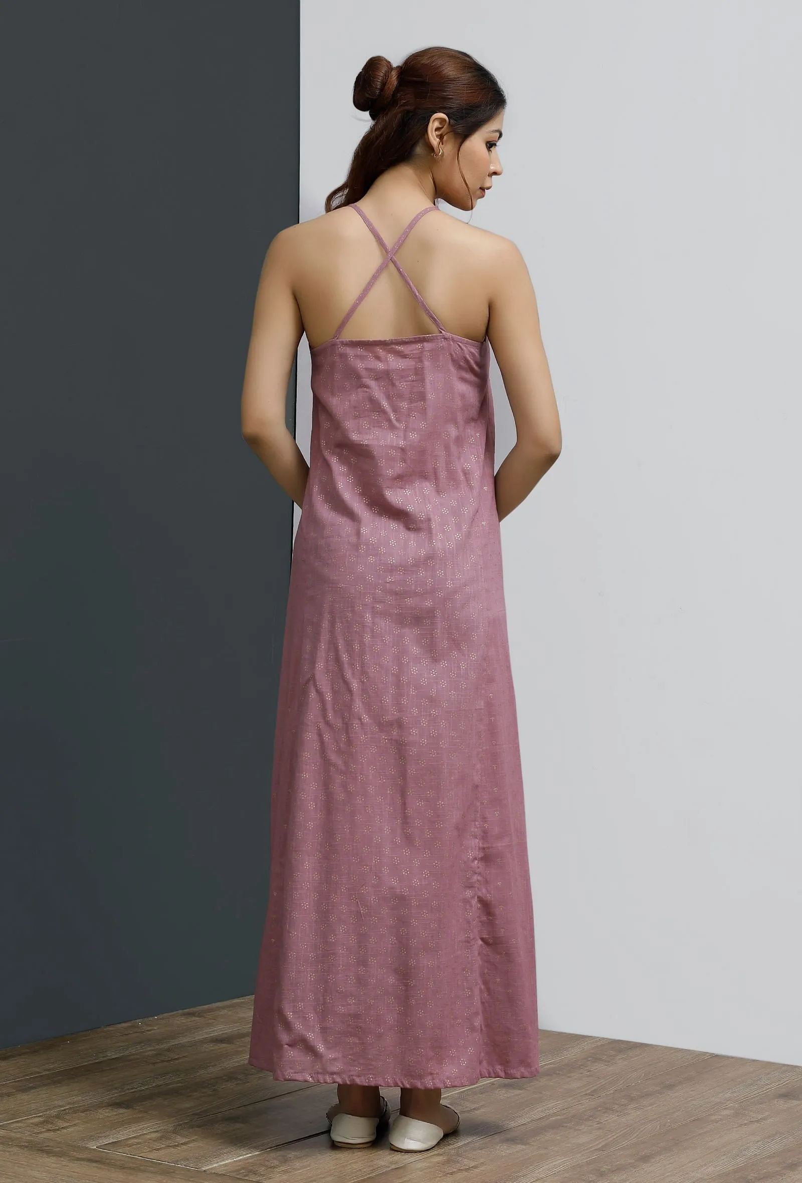 Onion Pink Hand-Block Printed Halter Neck Slip Dress