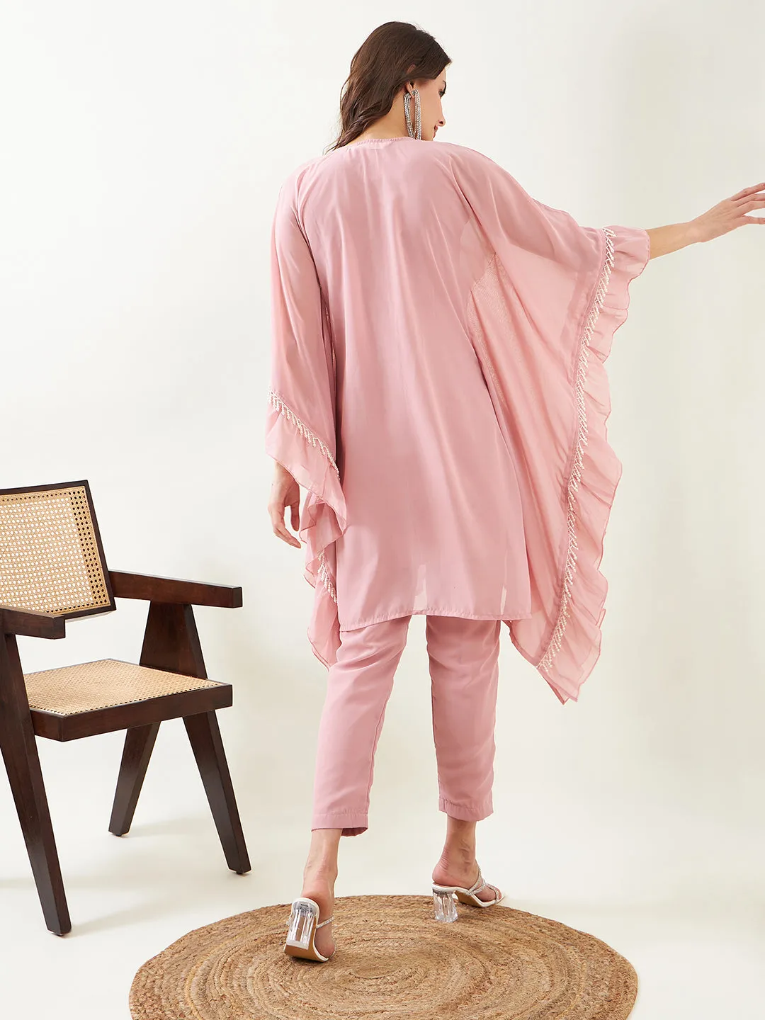 Pink Hand Embroidered Ruffled Kurta with Pants and Slip