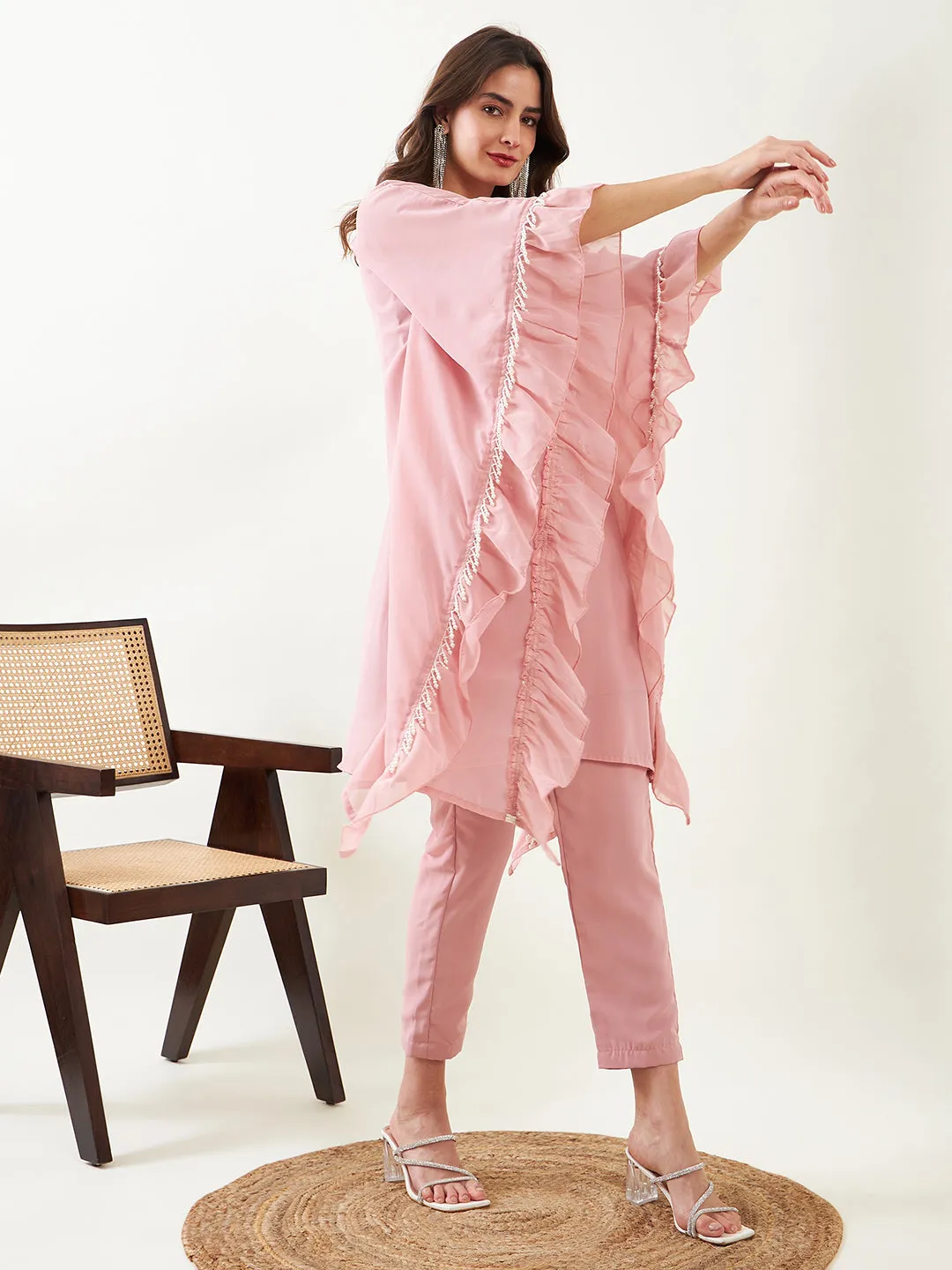 Pink Hand Embroidered Ruffled Kurta with Pants and Slip