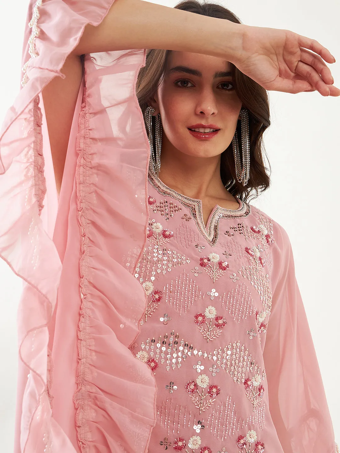 Pink Hand Embroidered Ruffled Kurta with Pants and Slip