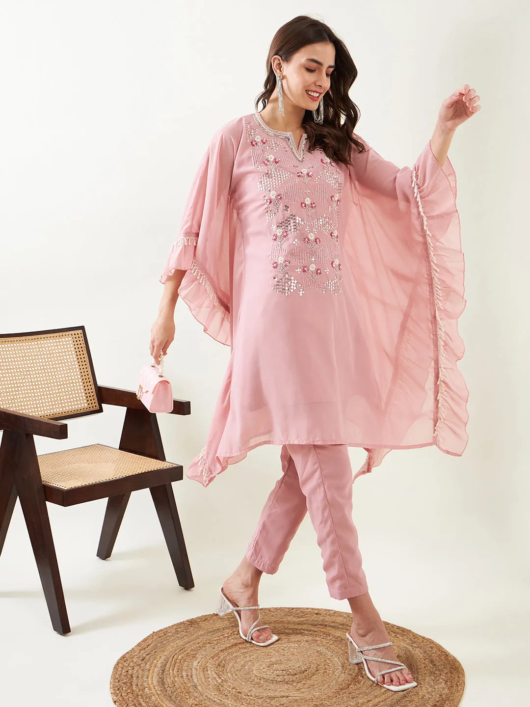 Pink Hand Embroidered Ruffled Kurta with Pants and Slip