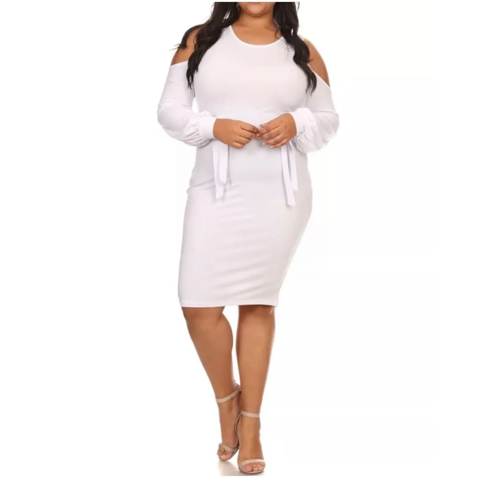 Plus Dress White Open Cold Shoulder Stretch Long Sleeve Mini Club