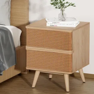 Rattan 2-Drawer Bedside Table Storage, Solid Ash Wood - Artiss