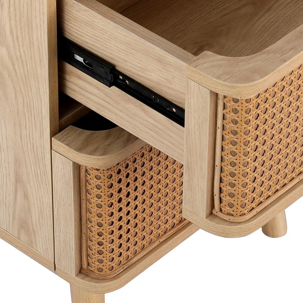 Rattan 2-Drawer Bedside Table Storage, Solid Ash Wood - Artiss