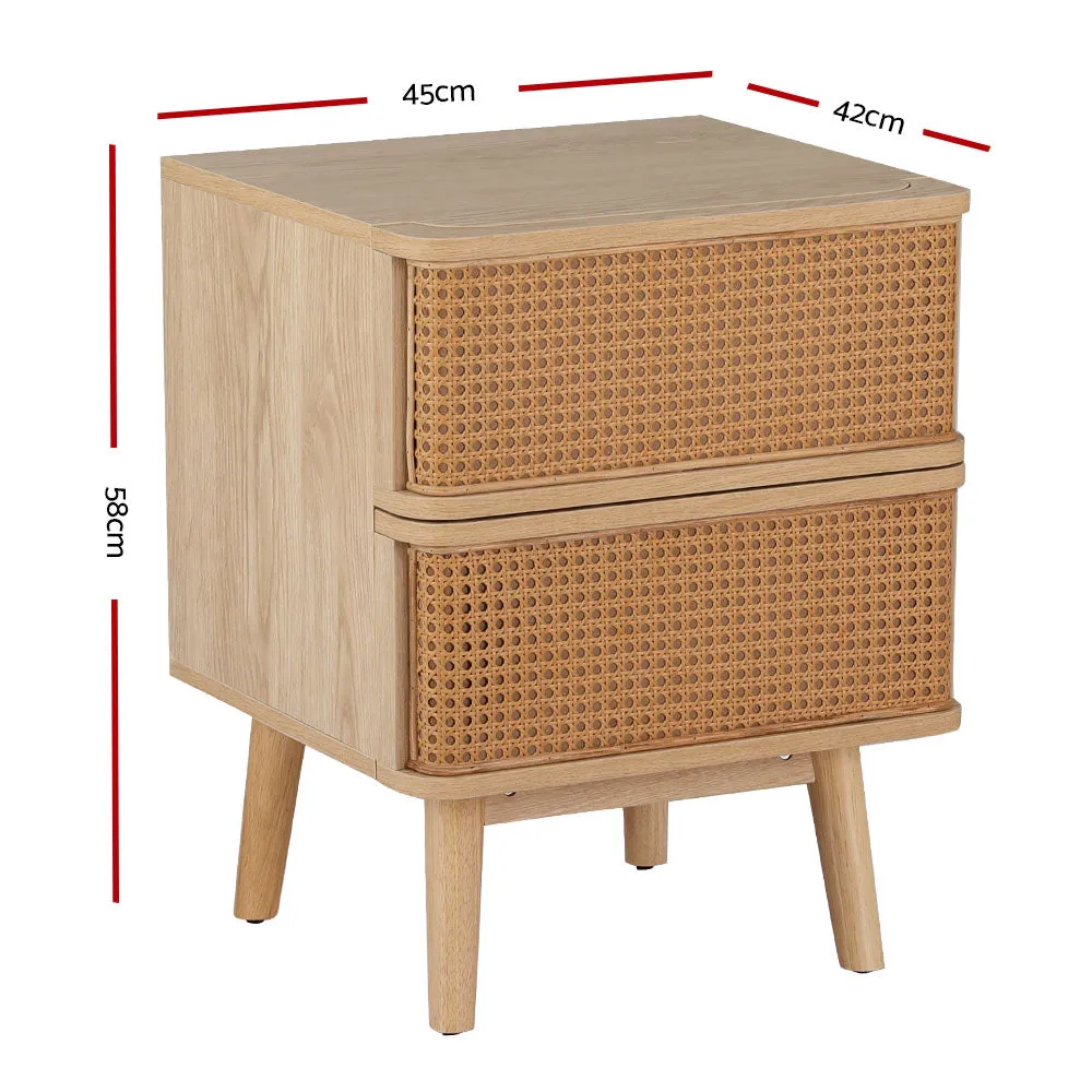 Rattan 2-Drawer Bedside Table Storage, Solid Ash Wood - Artiss