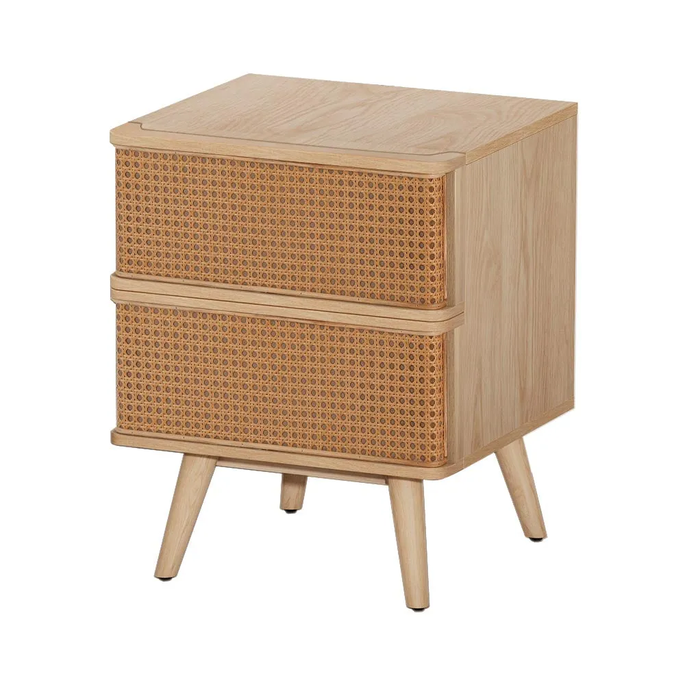 Rattan 2-Drawer Bedside Table Storage, Solid Ash Wood - Artiss