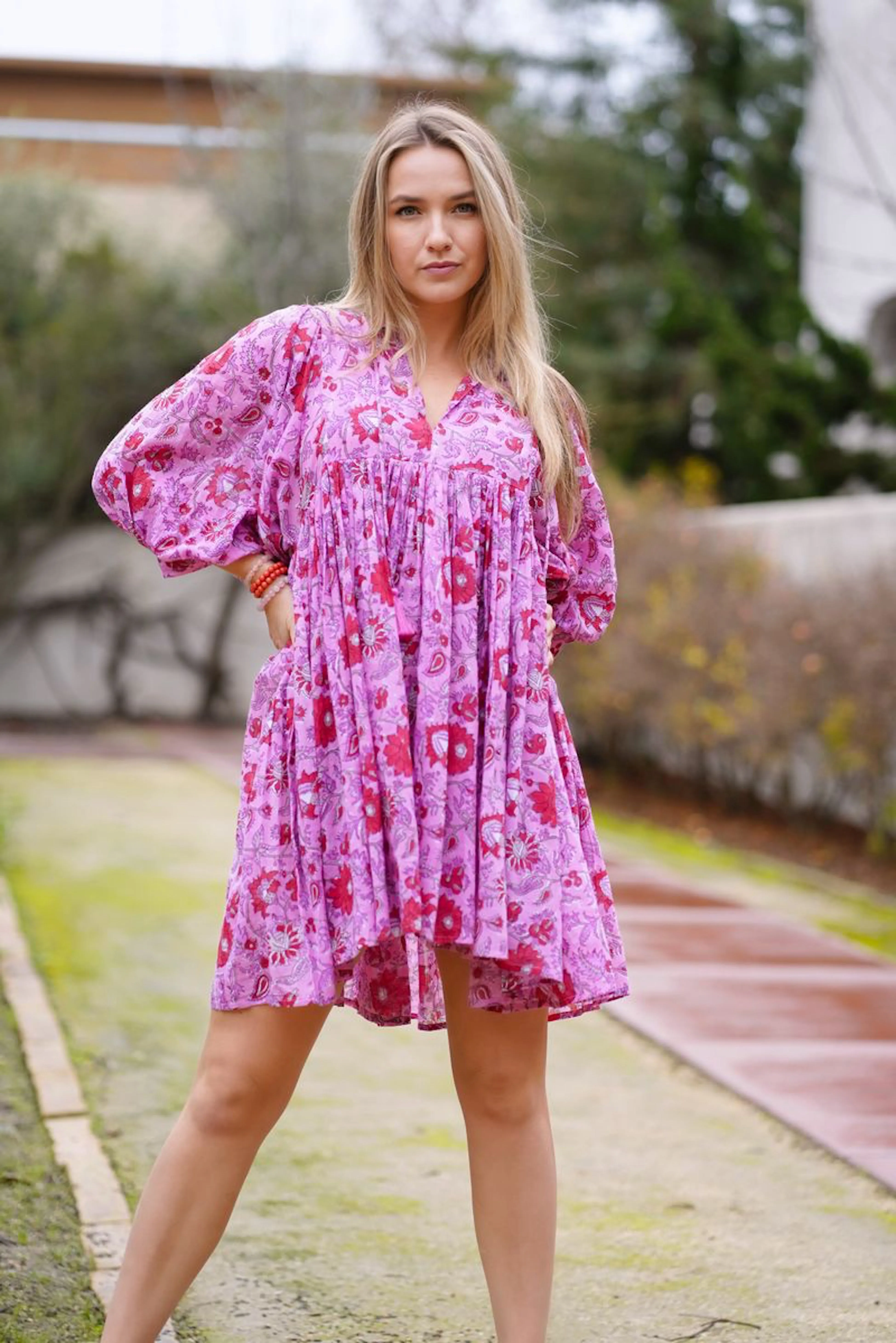 Raya Block Printed Mini Dress- Pink Multi