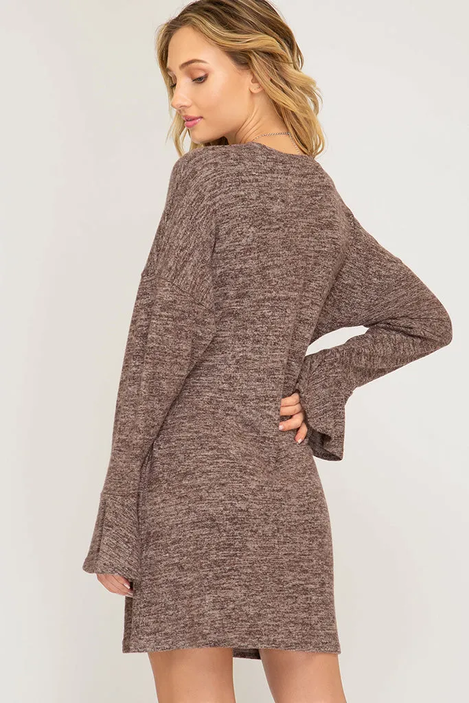 Ruffled long sleeve brushed knit dress with front tie