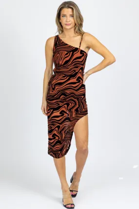 RUSTIC ABSTRACT ASYMMETRIC CUTOUT MIDI DRESS