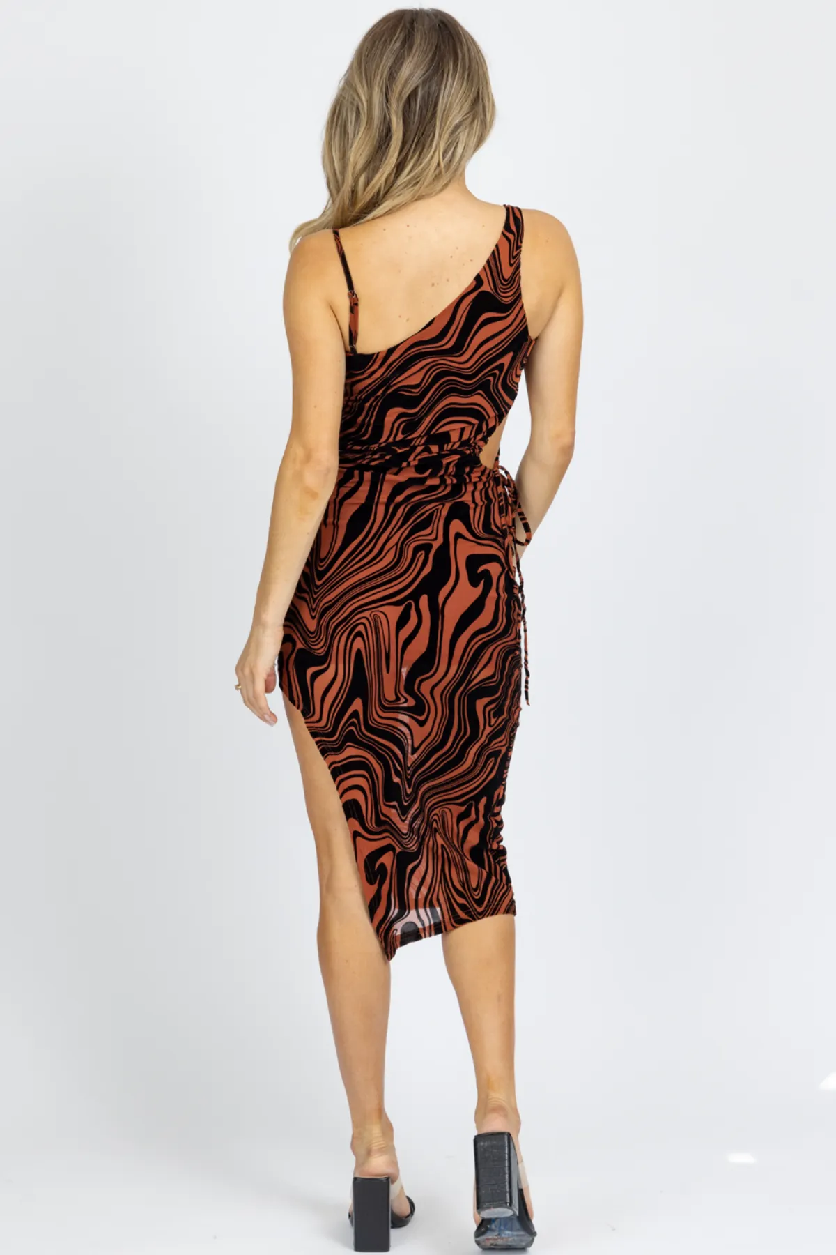 RUSTIC ABSTRACT ASYMMETRIC CUTOUT MIDI DRESS