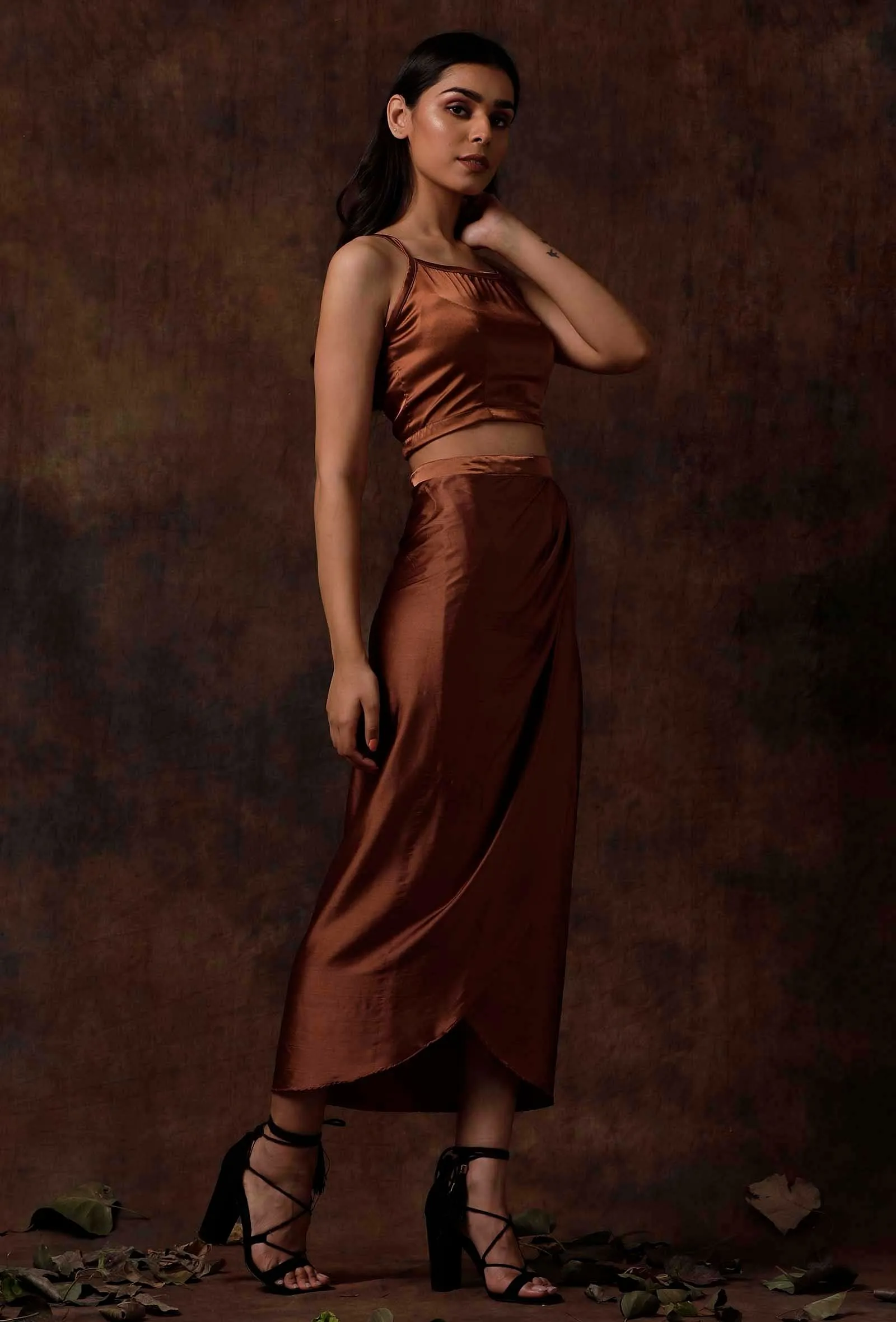 Set of 2 : Russet Brown Slip Blouse and Skirt Drape