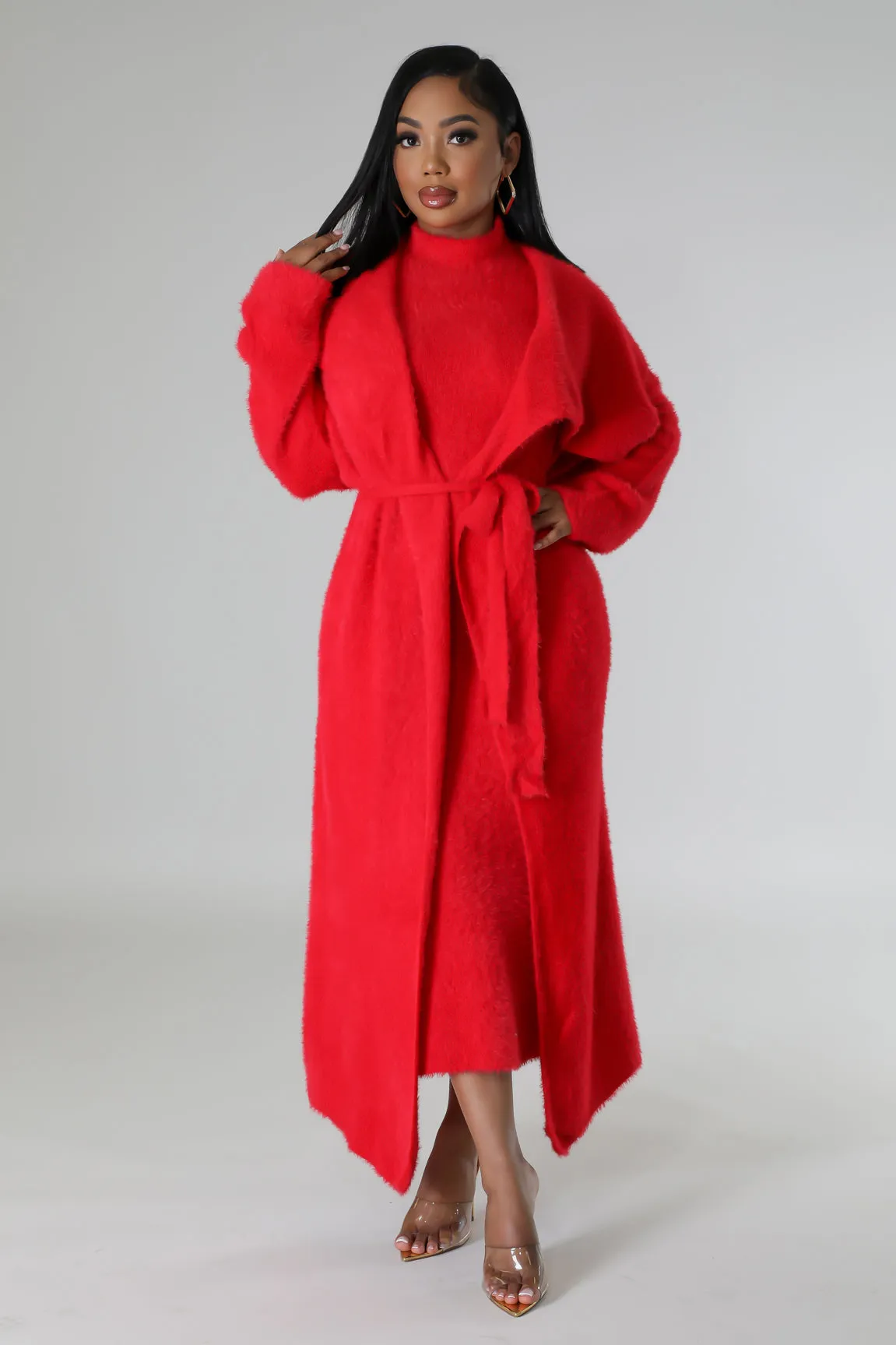 SKIM TWO PIECES CARDIGAN DRESS SET  (RED)