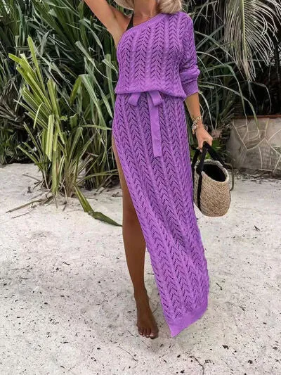 SLIT OPENWORK SINGLR SHOULDER KNIT DRESS