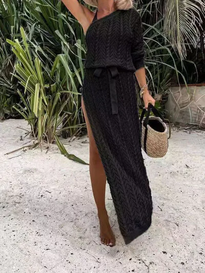 SLIT OPENWORK SINGLR SHOULDER KNIT DRESS