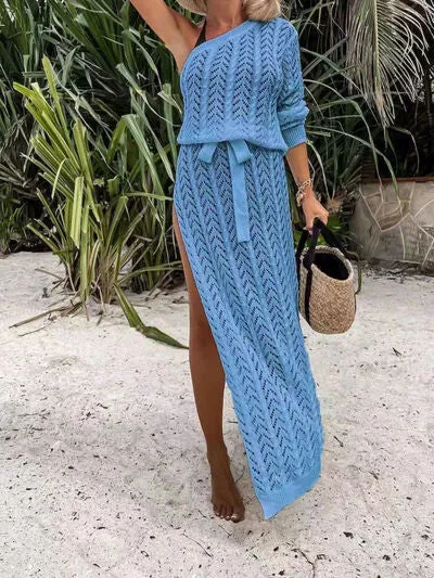 SLIT OPENWORK SINGLR SHOULDER KNIT DRESS