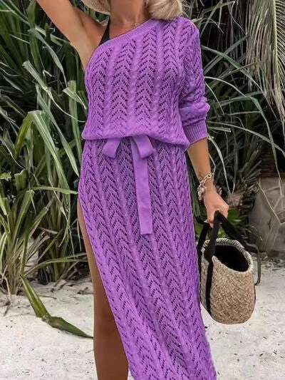 SLIT OPENWORK SINGLR SHOULDER KNIT DRESS