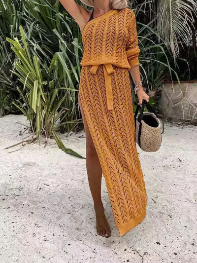 SLIT OPENWORK SINGLR SHOULDER KNIT DRESS