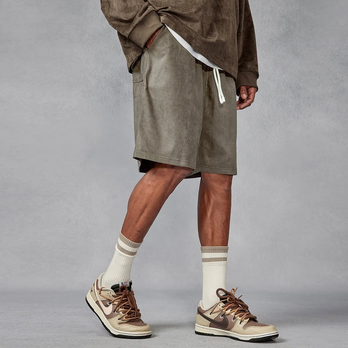 Slouch Drape Suede Brown Pull On Shorts