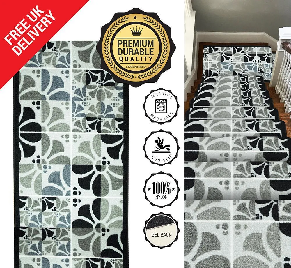 Stair Runner Hard Wearing Non-Slip Mat - Daisy Grey