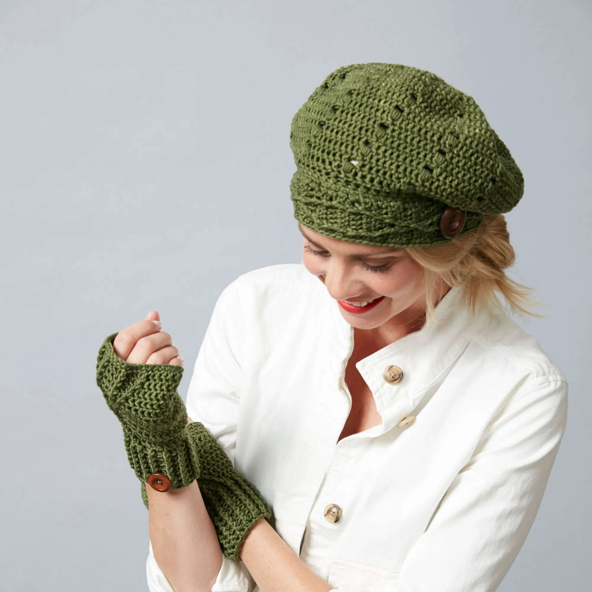 Sugar Bush Riverside Button Crochet Slouchy Hat & Fingerless Gloves