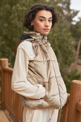 Taupe Velvet Sleeveless High Neck Hooded Puffer Vest