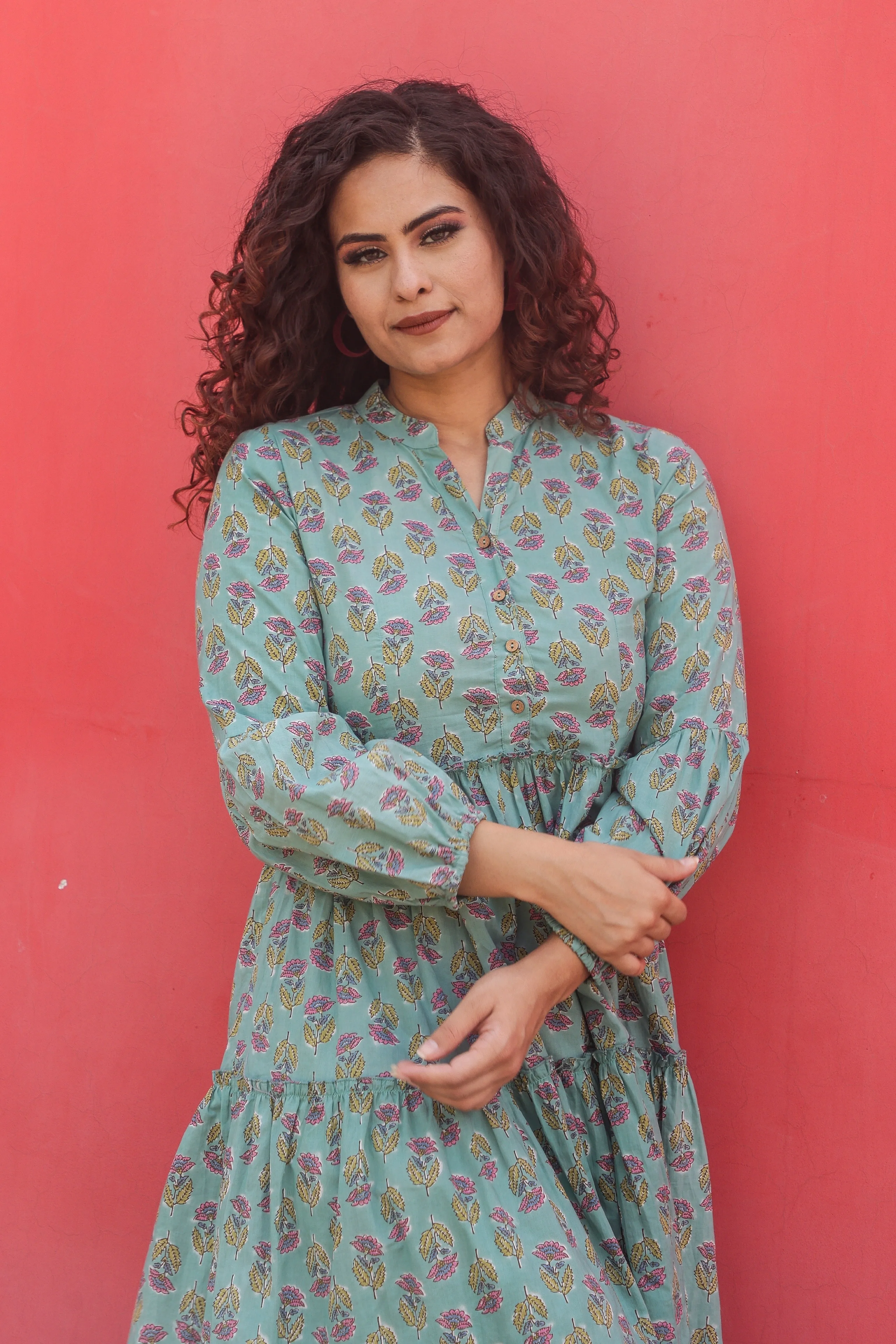 Teal Block Print Floral Cotton Maxi Dress