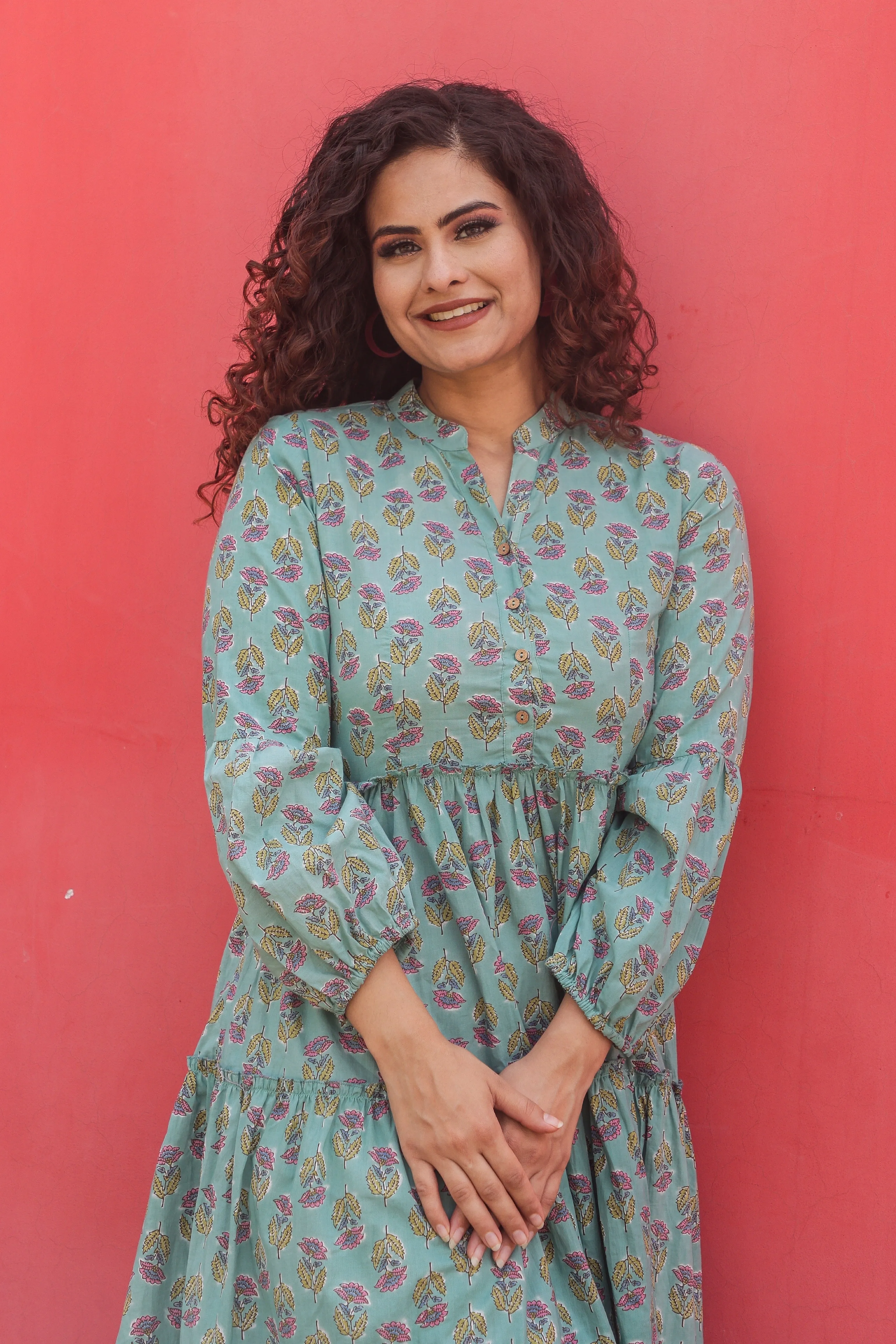 Teal Block Print Floral Cotton Maxi Dress