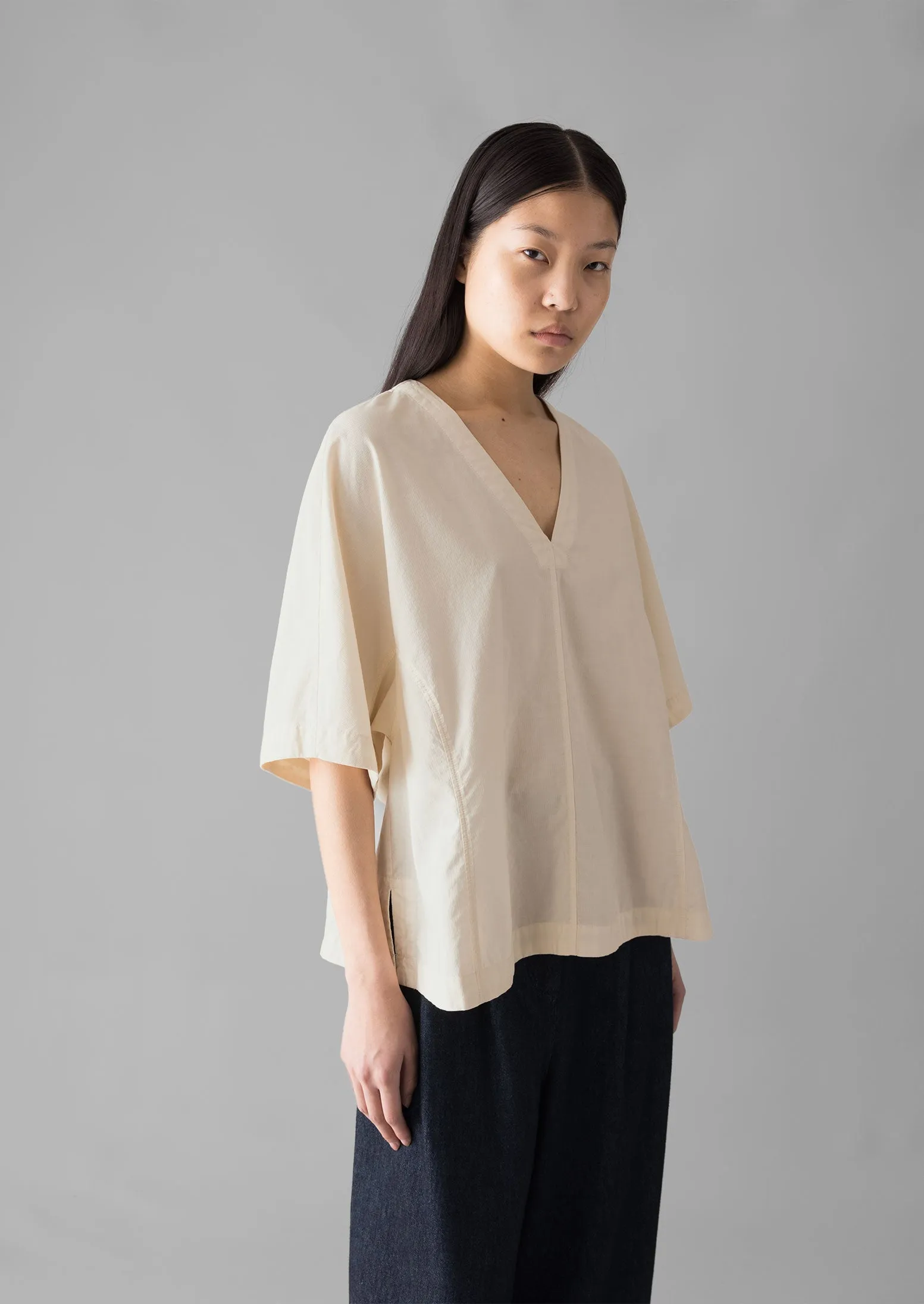 Textured Cotton Poplin V-Neck Top | Ecru