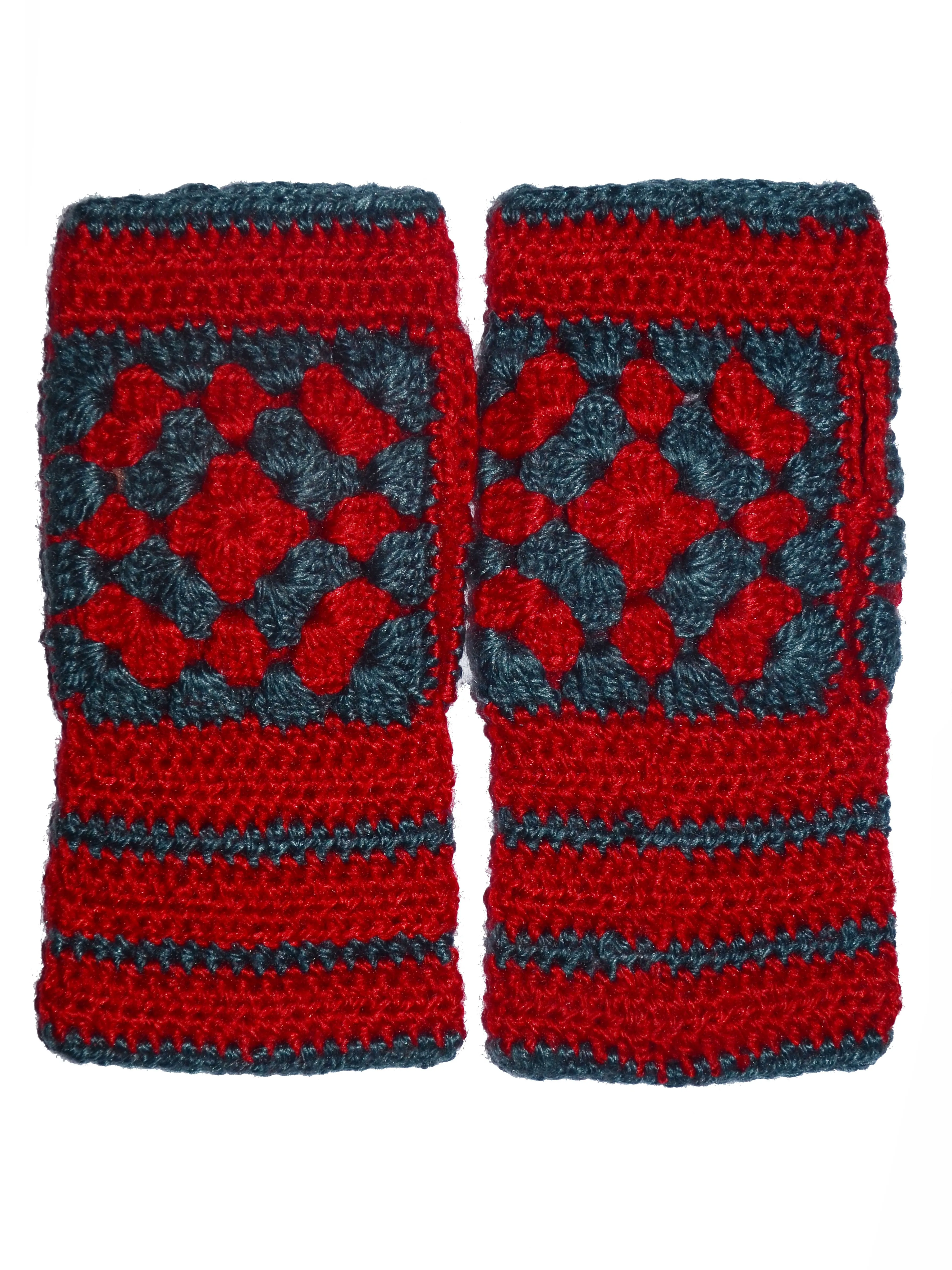 Unique and Beautiful Woollen Floral Design with Red And Grey combi Handmade Fingerless Gloves