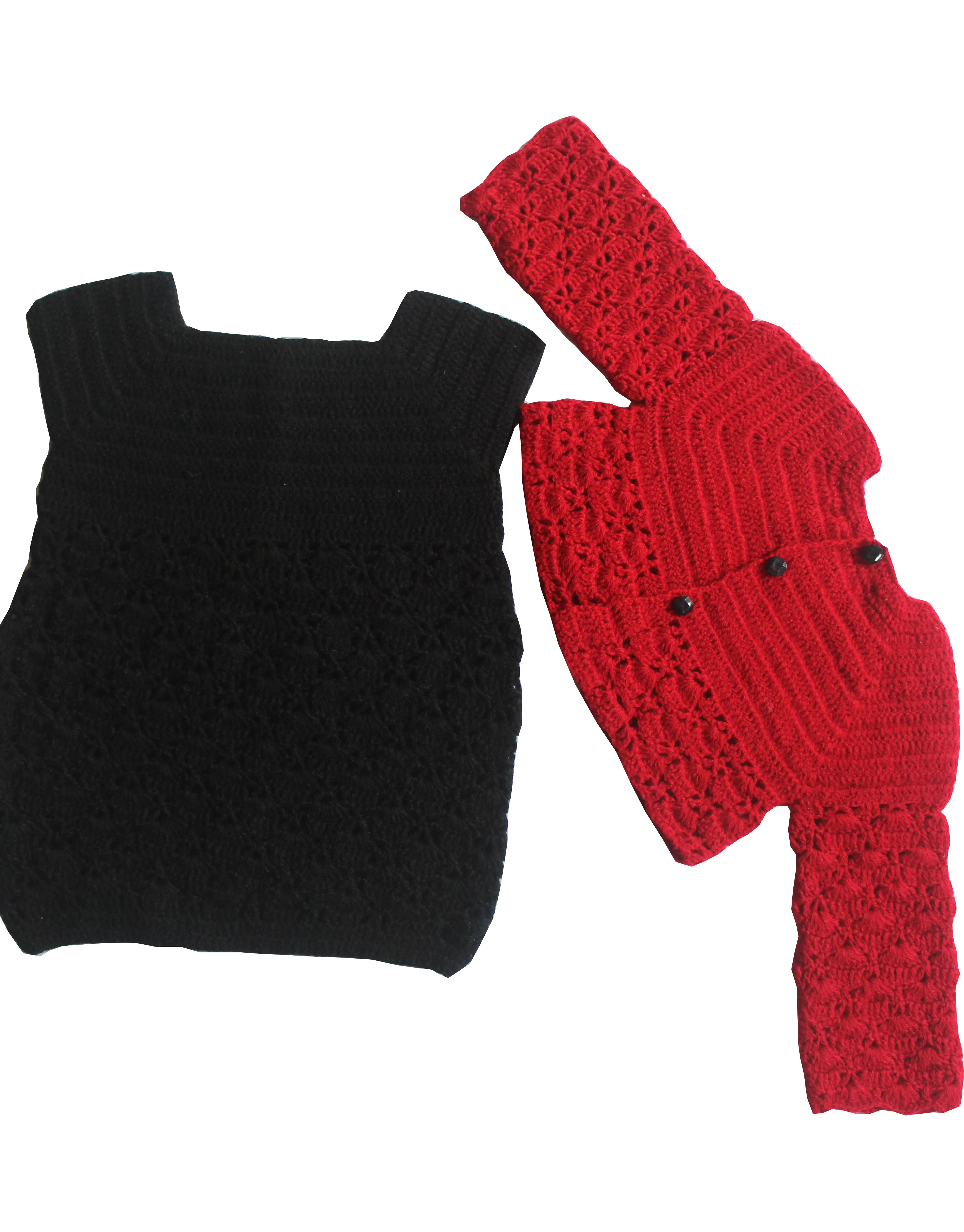 Unique and Beautiful Woollen One Piece With Short Jacket For Baby Girls - Red & Black