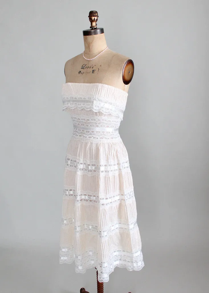 Vintage 1960s Strapless Cotton and Lace Boho Wedding Dress