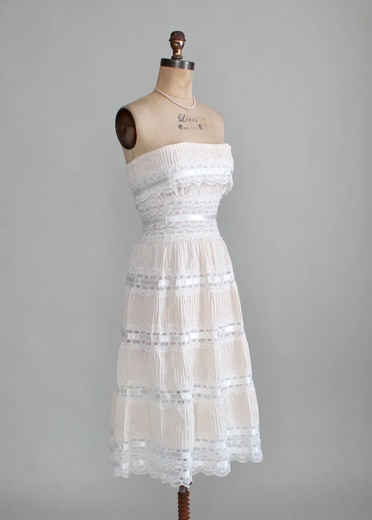 Vintage 1960s Strapless Cotton and Lace Boho Wedding Dress