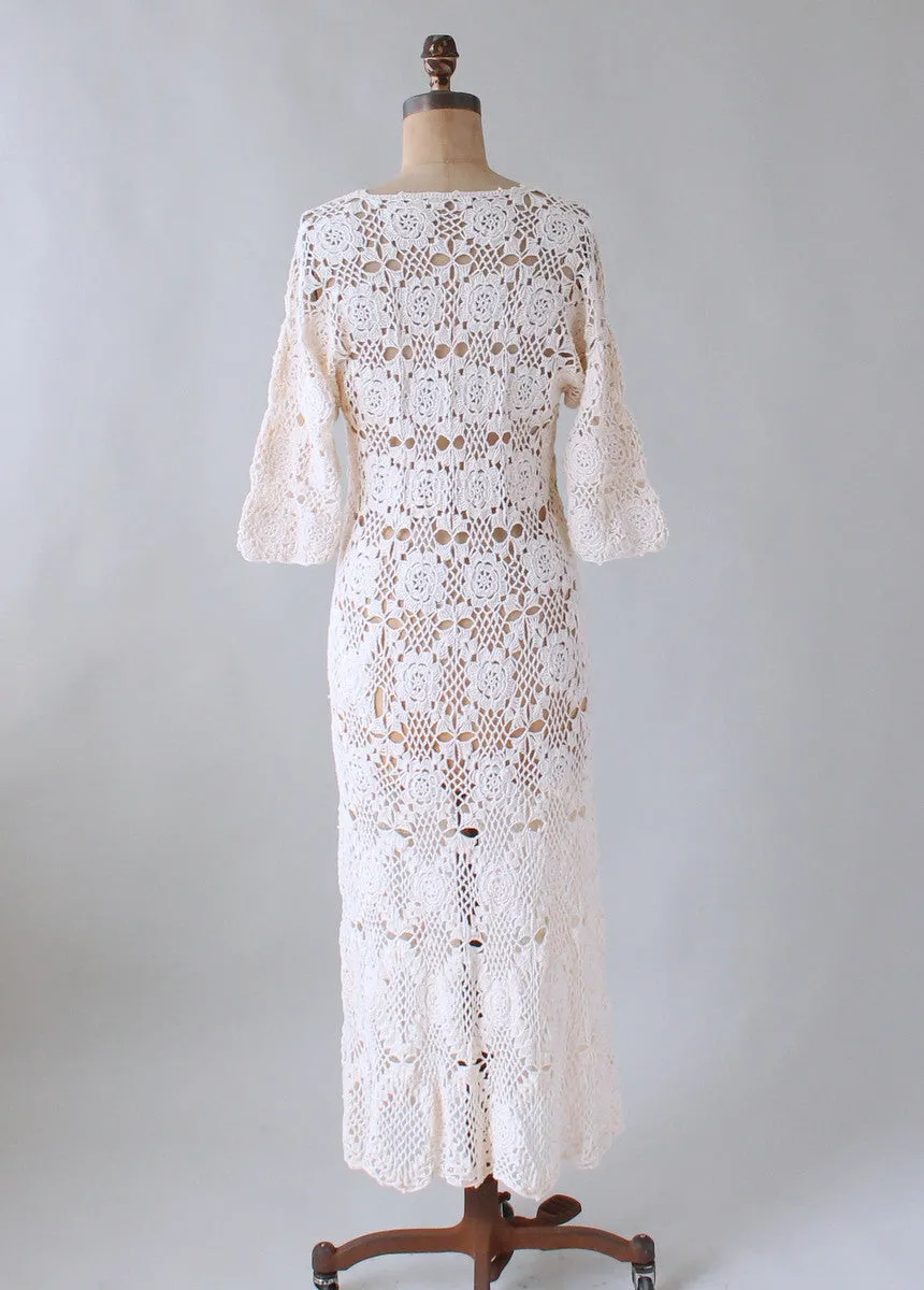 Vintage 1970s Ivory Crochet Caftan Dress